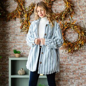 Striped Dusty Blue and White Women's Coat